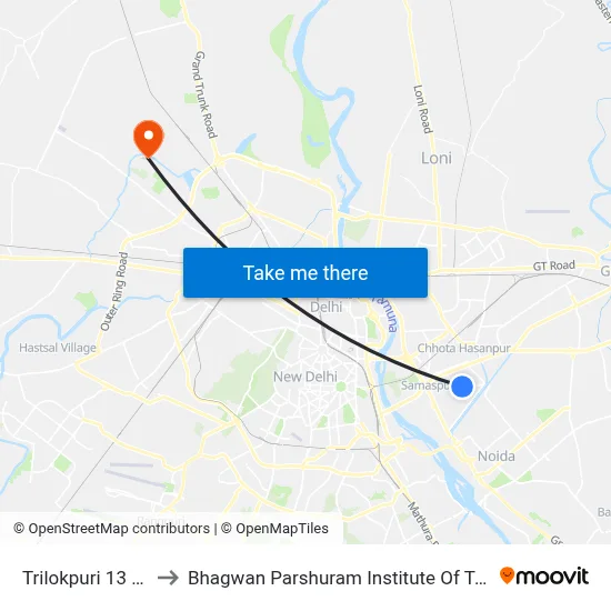 Trilokpuri 13 Block to Bhagwan Parshuram Institute Of Technology map