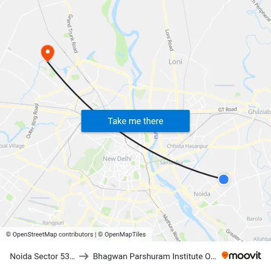 Noida Sector 53 Chowk to Bhagwan Parshuram Institute Of Technology map