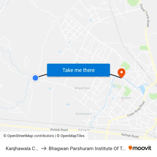 Kanjhawala Chowk to Bhagwan Parshuram Institute Of Technology map
