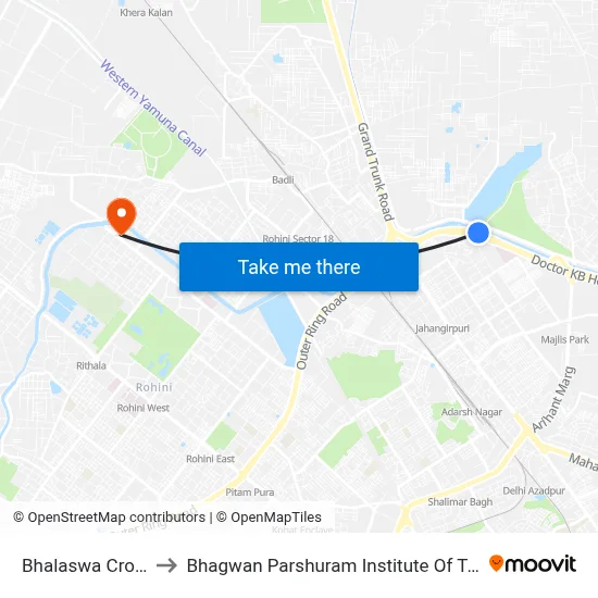 Bhalaswa Crossing to Bhagwan Parshuram Institute Of Technology map