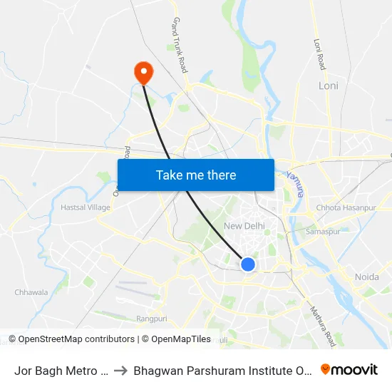 Jor Bagh Metro Station to Bhagwan Parshuram Institute Of Technology map
