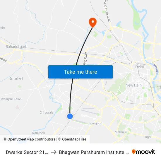 Dwarka Sector 21 Crossing to Bhagwan Parshuram Institute Of Technology map