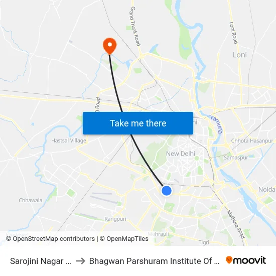 Sarojini Nagar Depot to Bhagwan Parshuram Institute Of Technology map