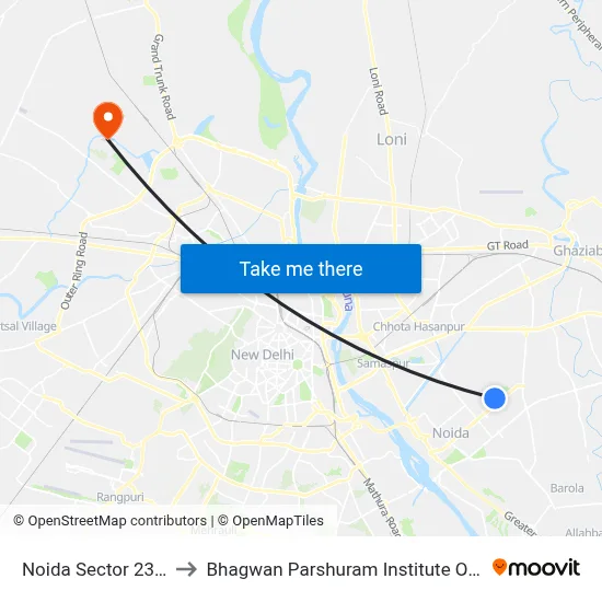Noida Sector 23 Chowk to Bhagwan Parshuram Institute Of Technology map