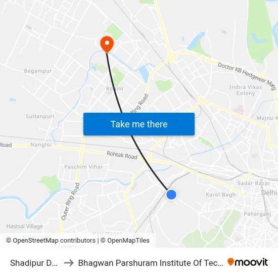 Shadipur Depot to Bhagwan Parshuram Institute Of Technology map