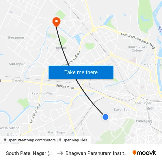 South Patel Nagar (Metro Station) to Bhagwan Parshuram Institute Of Technology map