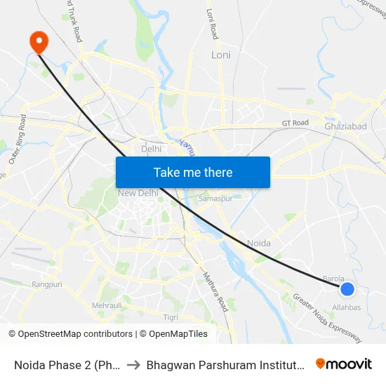 Noida Phase 2 (Phool Mandi) to Bhagwan Parshuram Institute Of Technology map