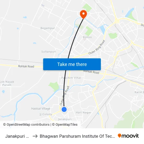 Janakpuri East to Bhagwan Parshuram Institute Of Technology map