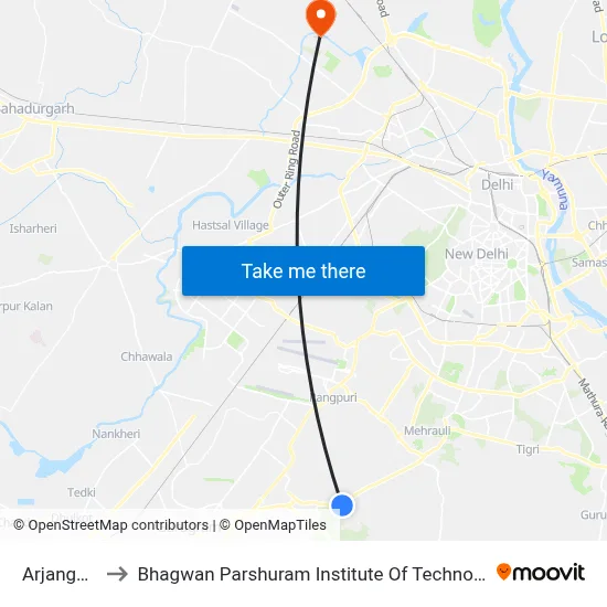 Arjangarh to Bhagwan Parshuram Institute Of Technology map