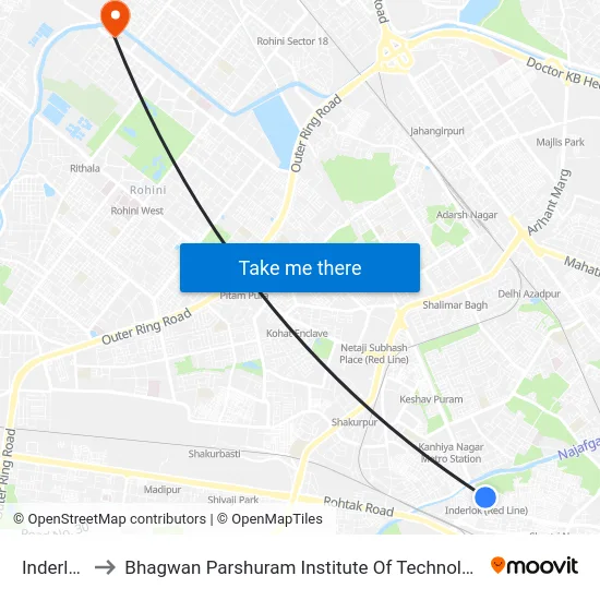 Inderlok to Bhagwan Parshuram Institute Of Technology map