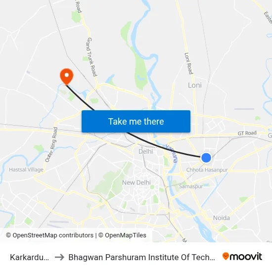 Karkarduma to Bhagwan Parshuram Institute Of Technology map
