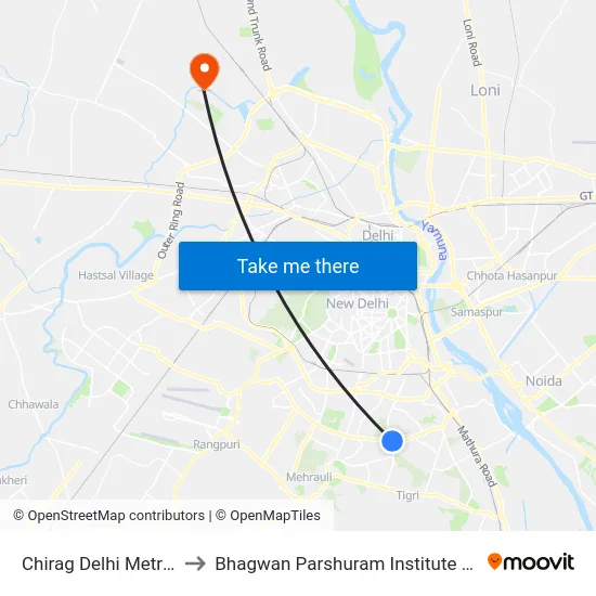 Chirag Delhi Metro Station to Bhagwan Parshuram Institute Of Technology map