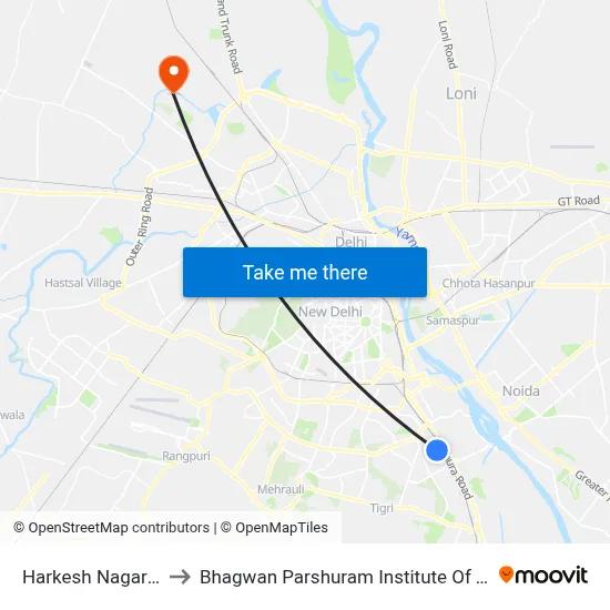 Harkesh Nagar Okhla to Bhagwan Parshuram Institute Of Technology map