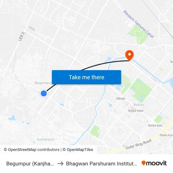 Begumpur (Kanjhawala Road) to Bhagwan Parshuram Institute Of Technology map