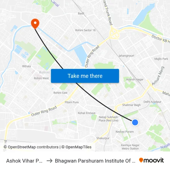 Ashok Vihar Phase 1 to Bhagwan Parshuram Institute Of Technology map