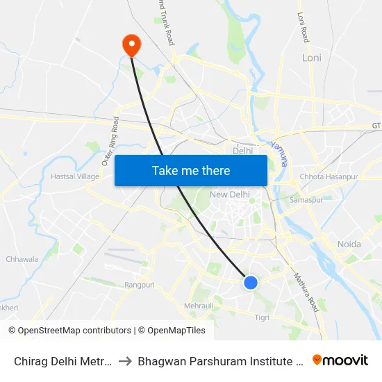 Chirag Delhi Metro Station to Bhagwan Parshuram Institute Of Technology map