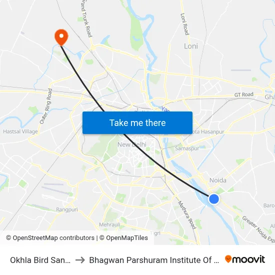 Okhla Bird Sanctuary to Bhagwan Parshuram Institute Of Technology map