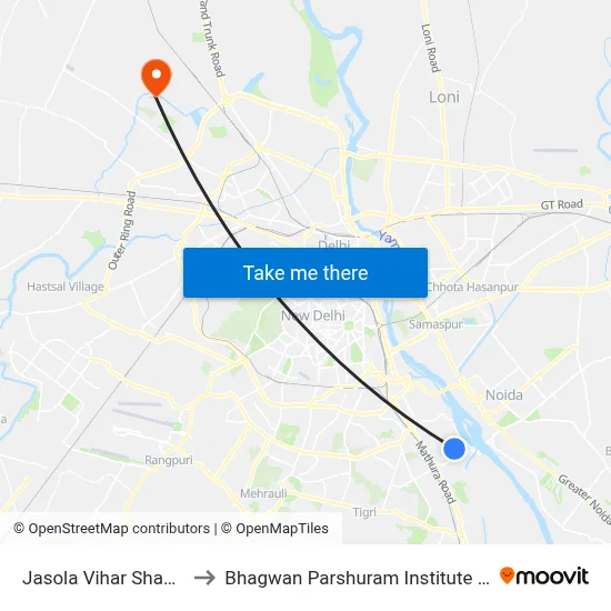 Jasola Vihar Shaheen Bagh to Bhagwan Parshuram Institute Of Technology map