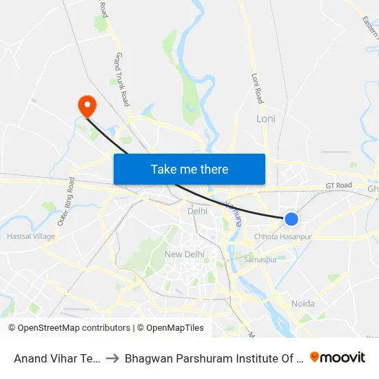 Anand Vihar Terminal to Bhagwan Parshuram Institute Of Technology map