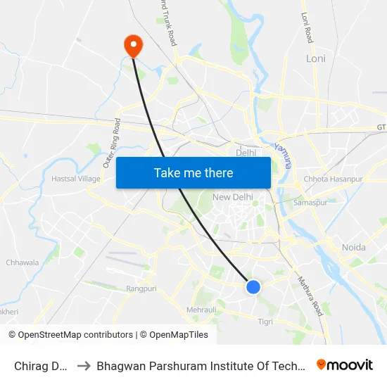 Chirag Delhi to Bhagwan Parshuram Institute Of Technology map