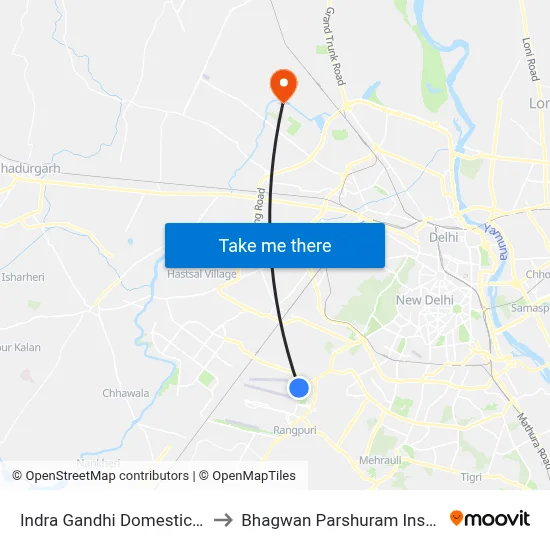 Indra Gandhi Domestic Airport Terminal 1 to Bhagwan Parshuram Institute Of Technology map