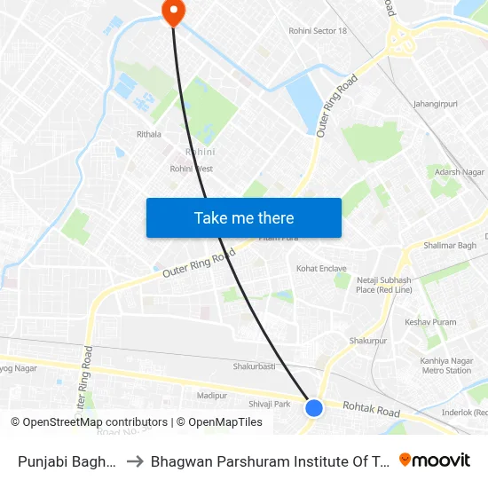 Punjabi Bagh West to Bhagwan Parshuram Institute Of Technology map