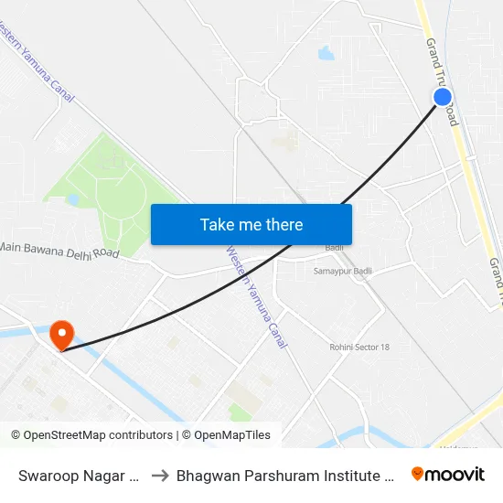 Swaroop Nagar GT Road to Bhagwan Parshuram Institute Of Technology map