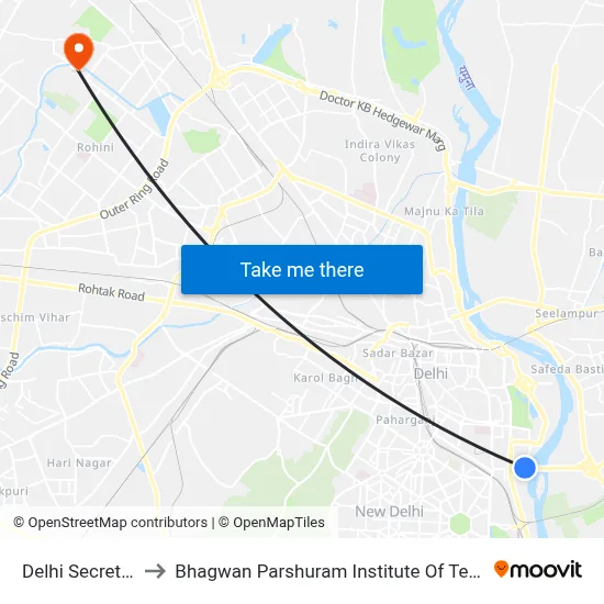 Delhi Secretariat to Bhagwan Parshuram Institute Of Technology map