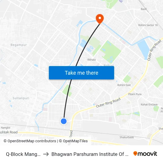 Q-Block Mangolpuri to Bhagwan Parshuram Institute Of Technology map