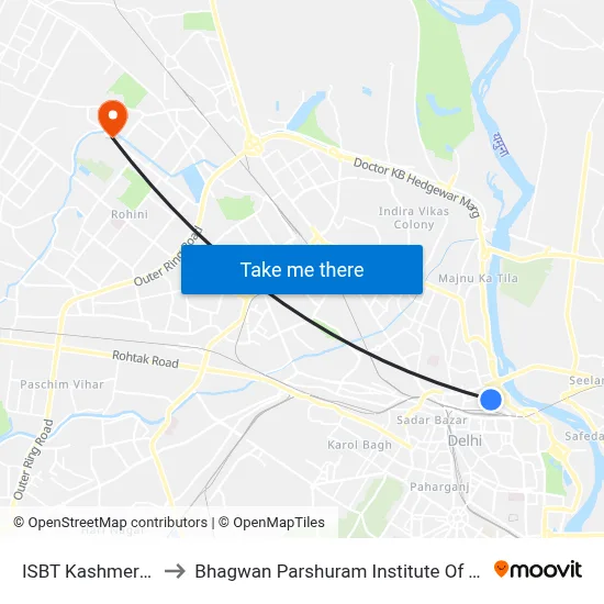 ISBT Kashmere Gate to Bhagwan Parshuram Institute Of Technology map
