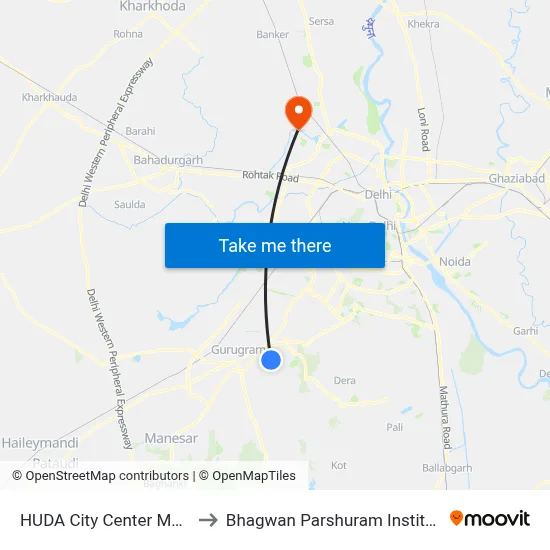HUDA City Center Metro Station (B) to Bhagwan Parshuram Institute Of Technology map