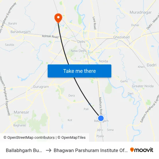 Ballabhgarh Bus Stand to Bhagwan Parshuram Institute Of Technology map