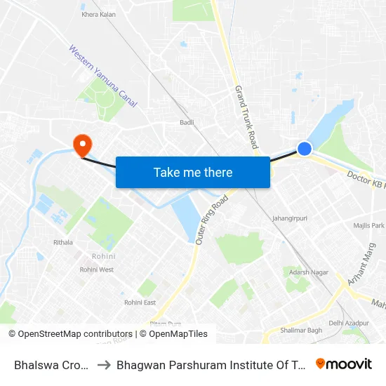 Bhalswa Crossing to Bhagwan Parshuram Institute Of Technology map