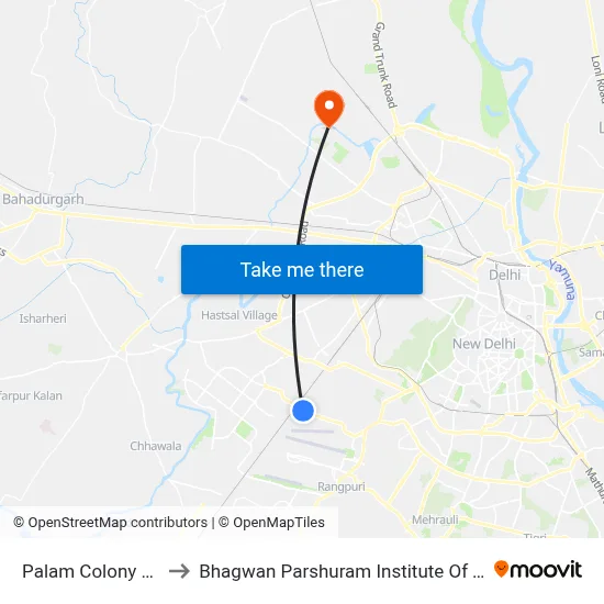 Palam Colony Flyover to Bhagwan Parshuram Institute Of Technology map