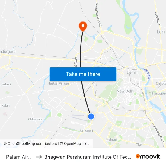 Palam Airport to Bhagwan Parshuram Institute Of Technology map