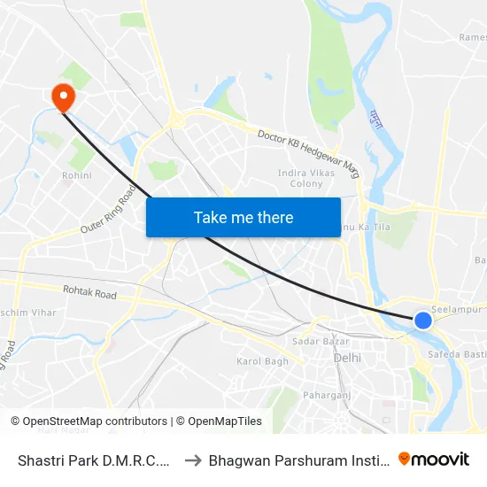 Shastri Park D.M.R.C.Feeder Bus Depot to Bhagwan Parshuram Institute Of Technology map