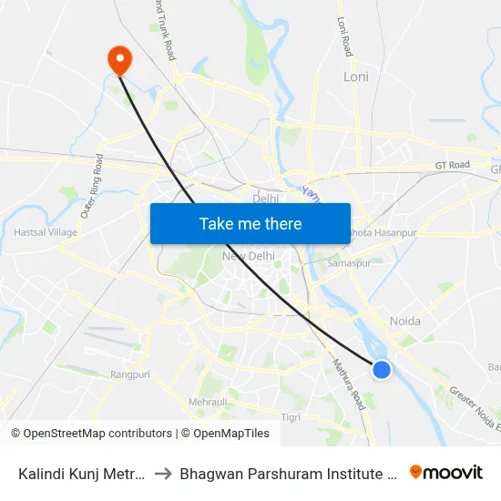 Kalindi Kunj Metro Station to Bhagwan Parshuram Institute Of Technology map
