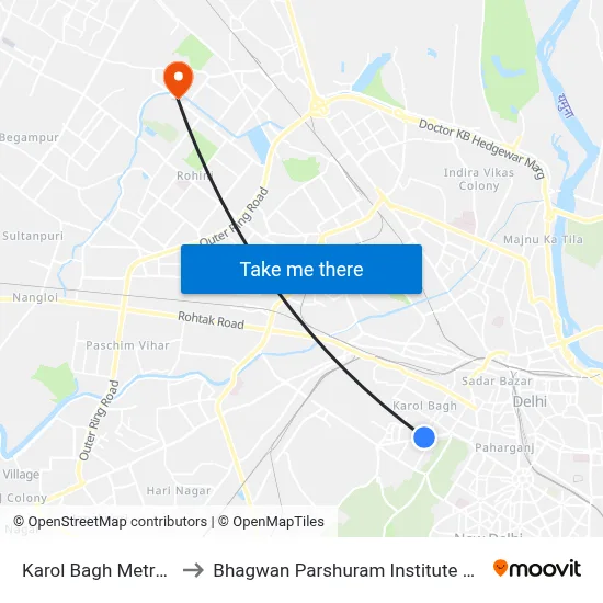 Karol Bagh Metro Station to Bhagwan Parshuram Institute Of Technology map