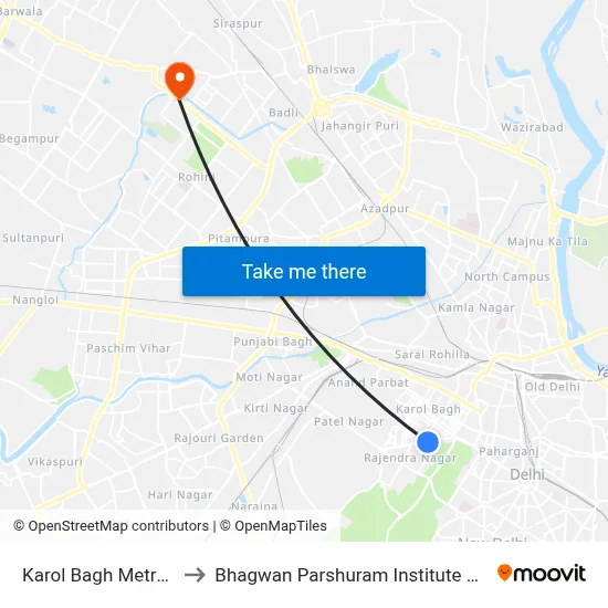 Karol Bagh Metro Station to Bhagwan Parshuram Institute Of Technology map