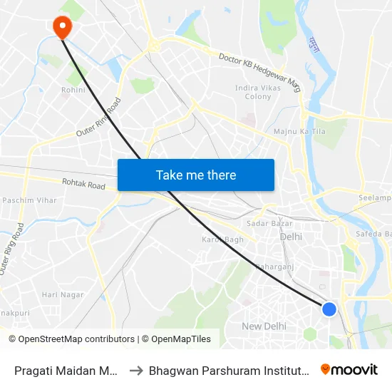 Pragati Maidan Metro Station to Bhagwan Parshuram Institute Of Technology map