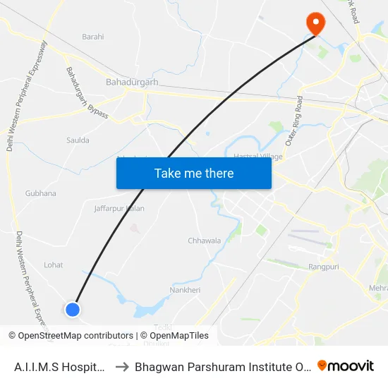 A.I.I.M.S Hospital Badsa to Bhagwan Parshuram Institute Of Technology map