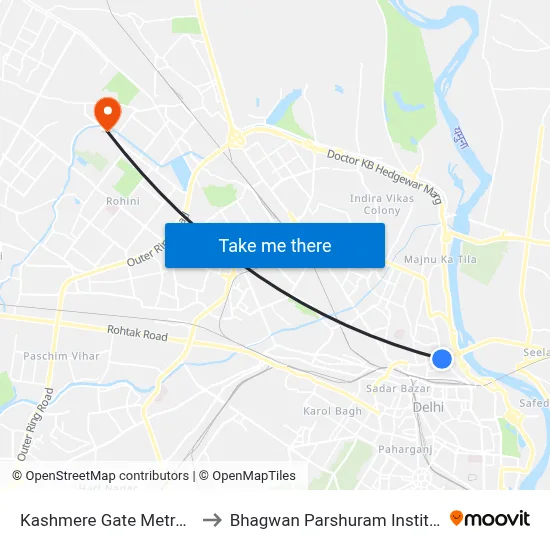 Kashmere Gate Metro Station Gate 3 to Bhagwan Parshuram Institute Of Technology map