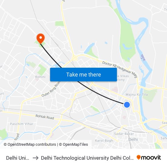 Delhi University to Delhi Technological University Delhi College Of Engineering map