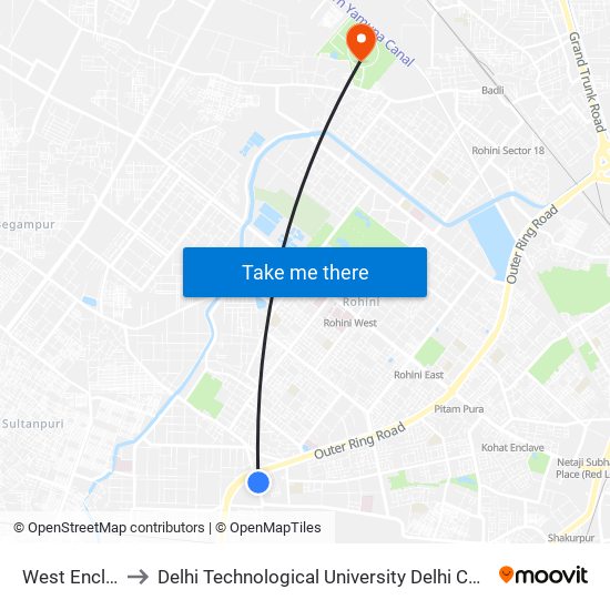 West Enclave (T) to Delhi Technological University Delhi College Of Engineering map