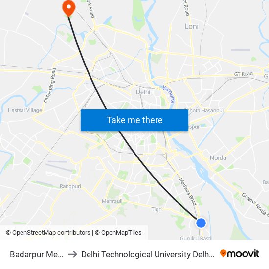 Badarpur Metro Station to Delhi Technological University Delhi College Of Engineering map