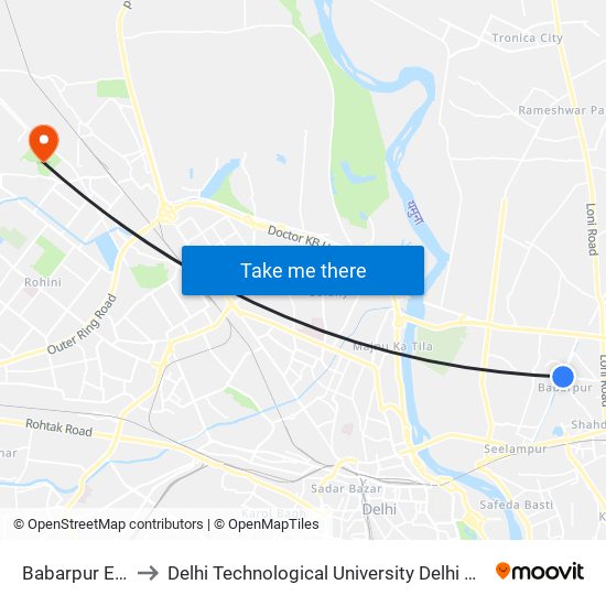 Babarpur Extension to Delhi Technological University Delhi College Of Engineering map