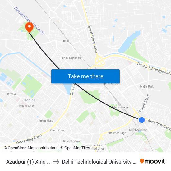 Azadpur (T) Xing (G.T.Karnal Road) to Delhi Technological University Delhi College Of Engineering map