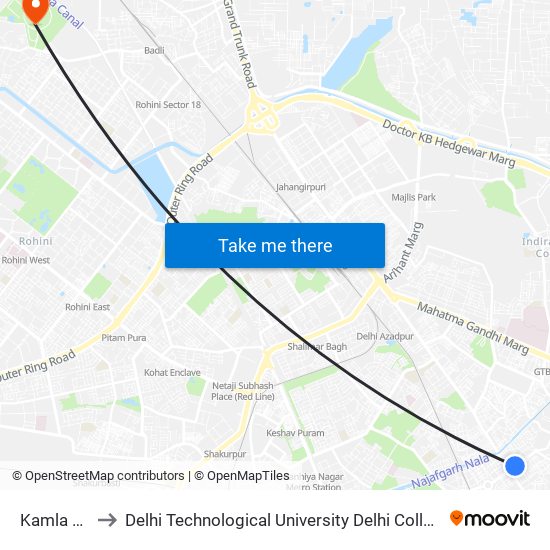 Kamla Nagar to Delhi Technological University Delhi College Of Engineering map