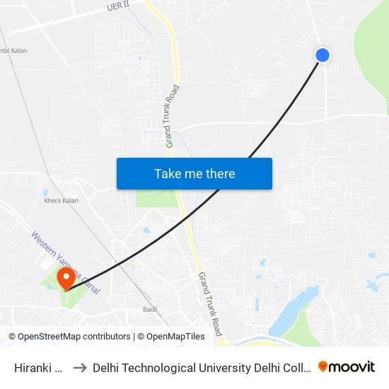 Hiranki Village to Delhi Technological University Delhi College Of Engineering map