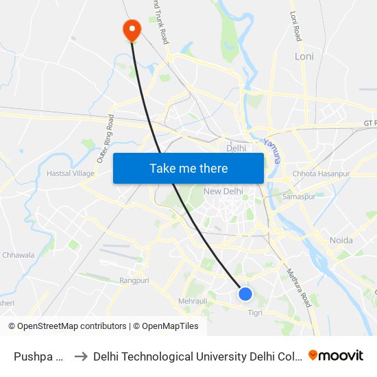 Pushpa Bhavan to Delhi Technological University Delhi College Of Engineering map